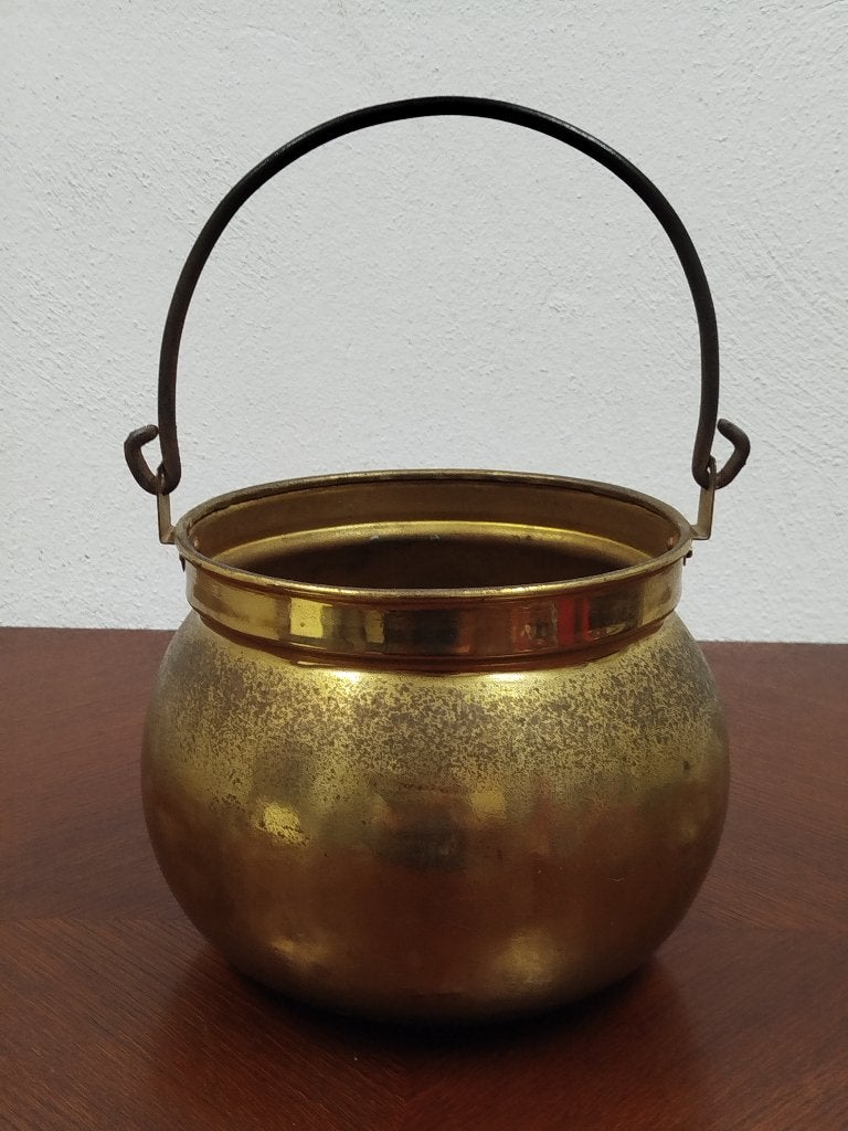 Vintage Messing Heksenketel/Bloempot met Hengsel – Ø 25,5 cm, Ophalen of Verzenden, Koper