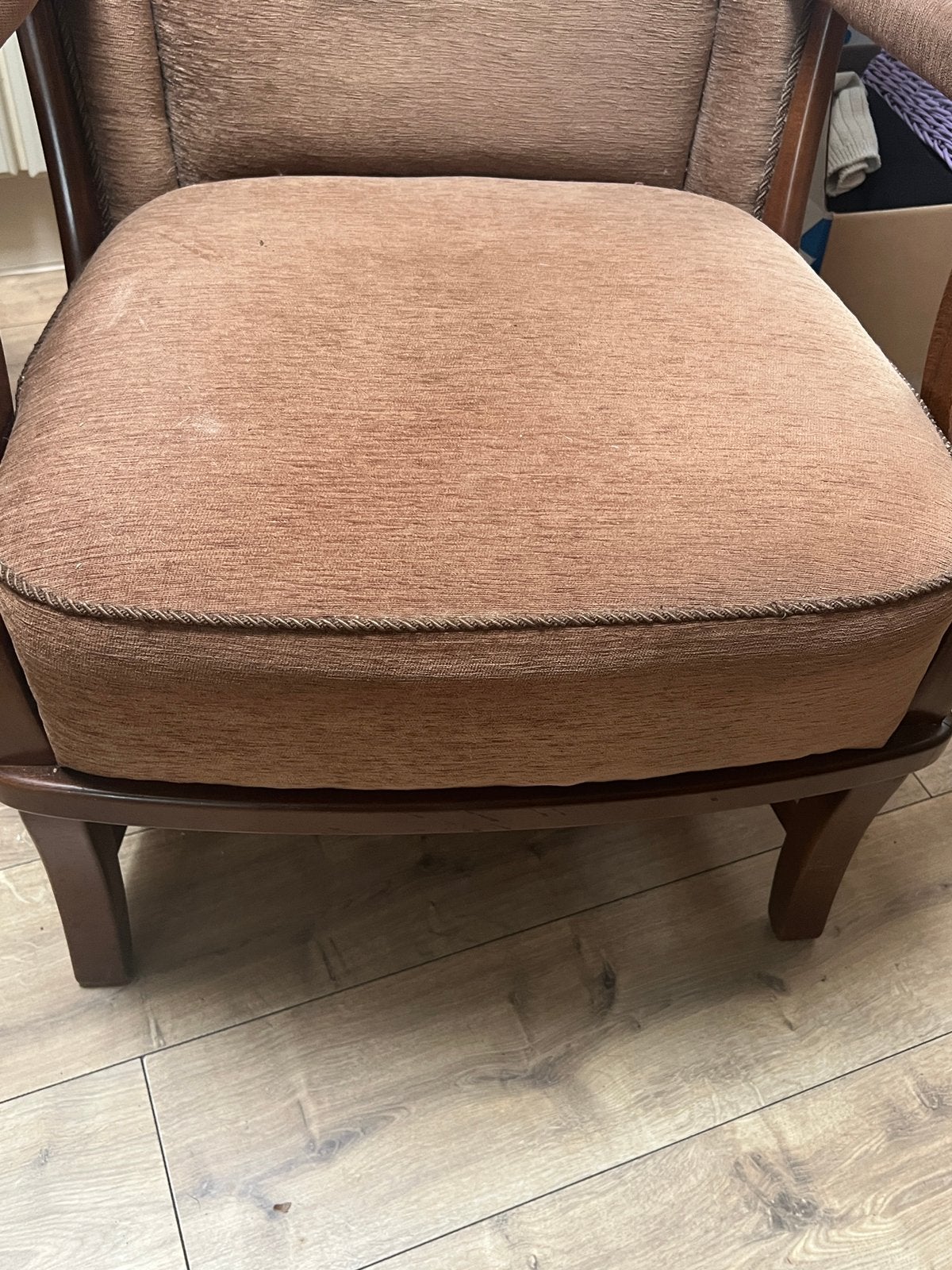 Fauteuil Bruin Hout en Stof, Huis en Inrichting, Fauteuils, Ophalen, Gebruikt, 75 tot 100 cm, 50 tot 75 cm