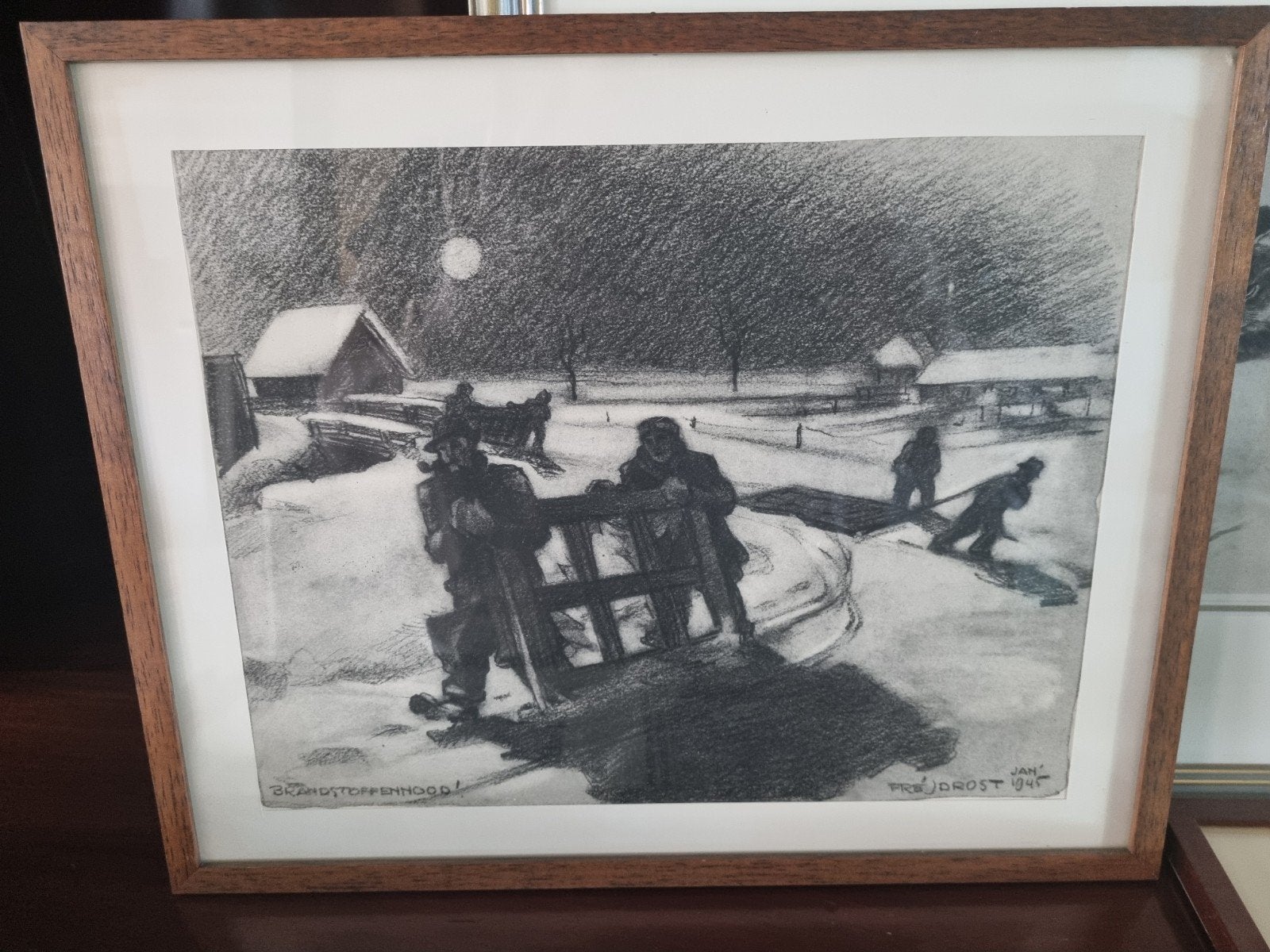 Jan Fred Drost - Brandstoffennood! (1941), Ophalen of Verzenden, Tekening, Houtskooltekening, Ingelijst