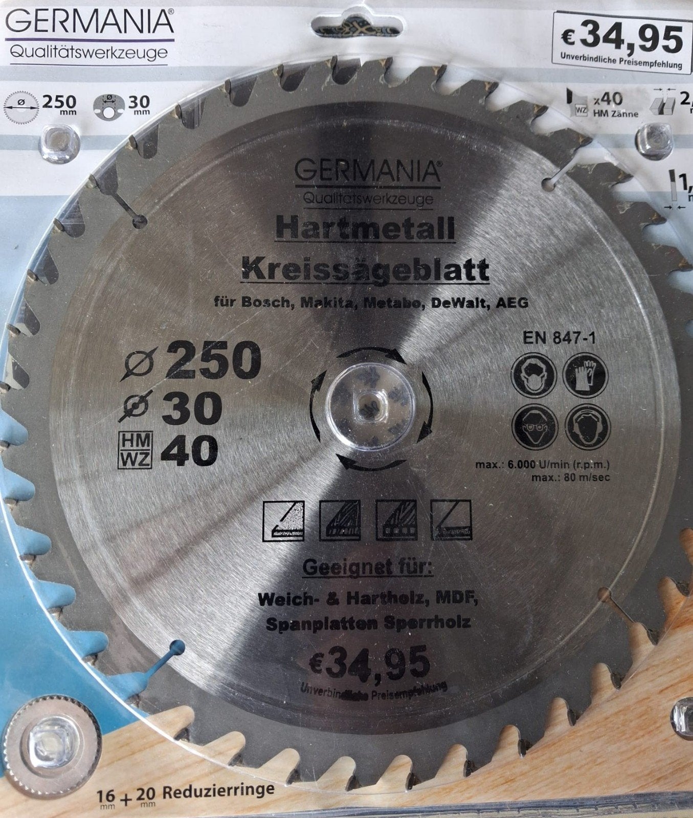 Germania Cirkelzaagblad 250 mm 22.50€ per stuk Hardmetaal, Ophalen of Verzenden, Nieuw, Cirkelzaag, Germania
