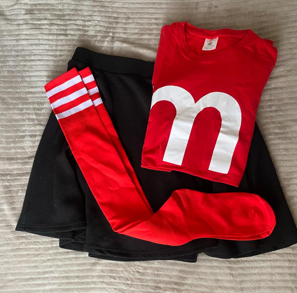 M&M's Verkleed/Carnaval Outfit maat L, Ophalen of Verzenden, Zo goed als nieuw, Maat 38/40 (M), Carnaval