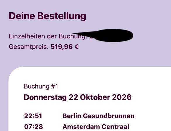 Berlijn naar Amsterdam – Slaaptrein – 22-26 oktober, Twee personen, Trein, Buitenland, Algemeen kaartje