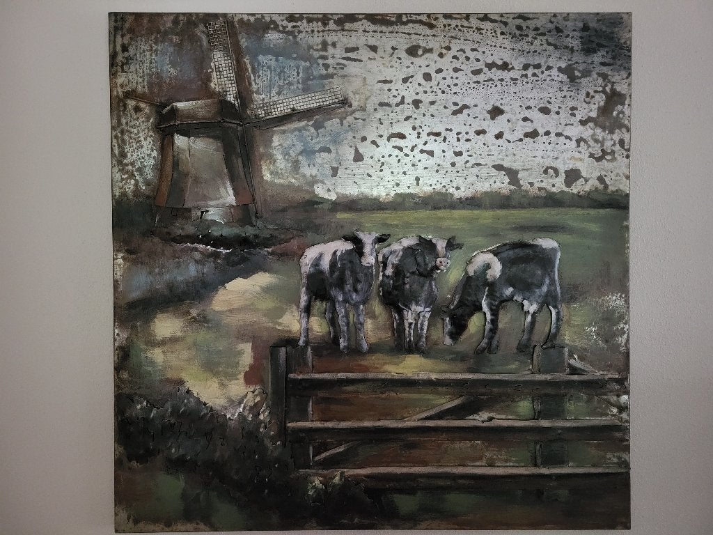 Metalen 3D Schilderij molen en koeien  met certificaat, Ophalen, Realistisch, Metaal, Landschap
