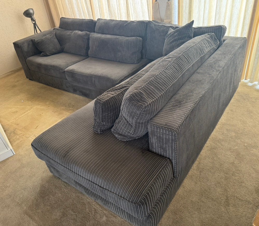Grote hoekbank van ribstof - Zo goed als nieuw, Huis en Inrichting, Banken | Bankstellen, 100 tot 125 cm, Hoekbank, 300 cm of meer