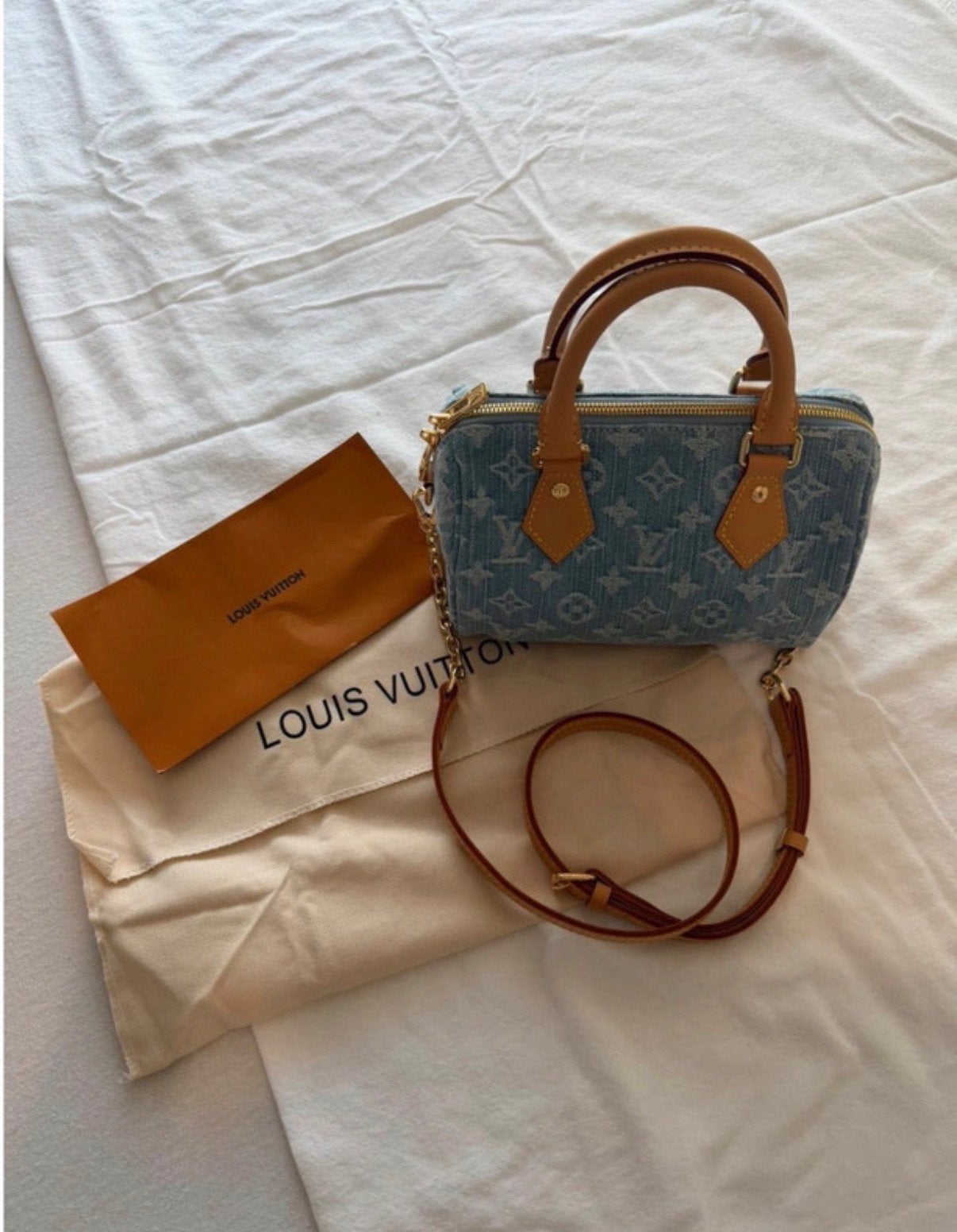 Louis Vuitton Nano Speedy Sky Blue Denim, Ophalen of Verzenden, Zo goed als nieuw, Blauw, Handtas