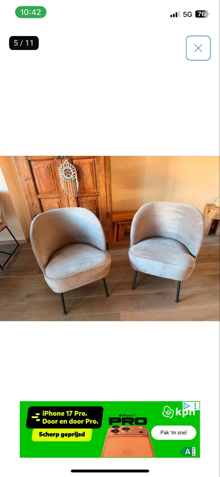 BePureHome Vogue Fauteuil Fluweel Khaki - Zo goed als nieuw, Ophalen, Zo goed als nieuw, Stof, 50 tot 75 cm