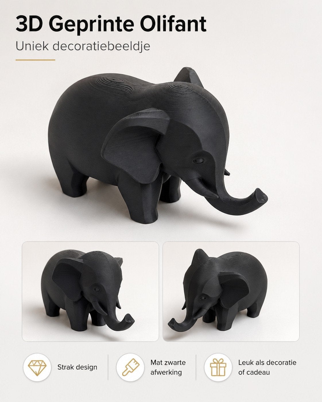 3D Geprinte Olifant - Mat Zwart Decoratiebeeldje, Zwart, Nieuw, Kunststof, Ophalen of Verzenden