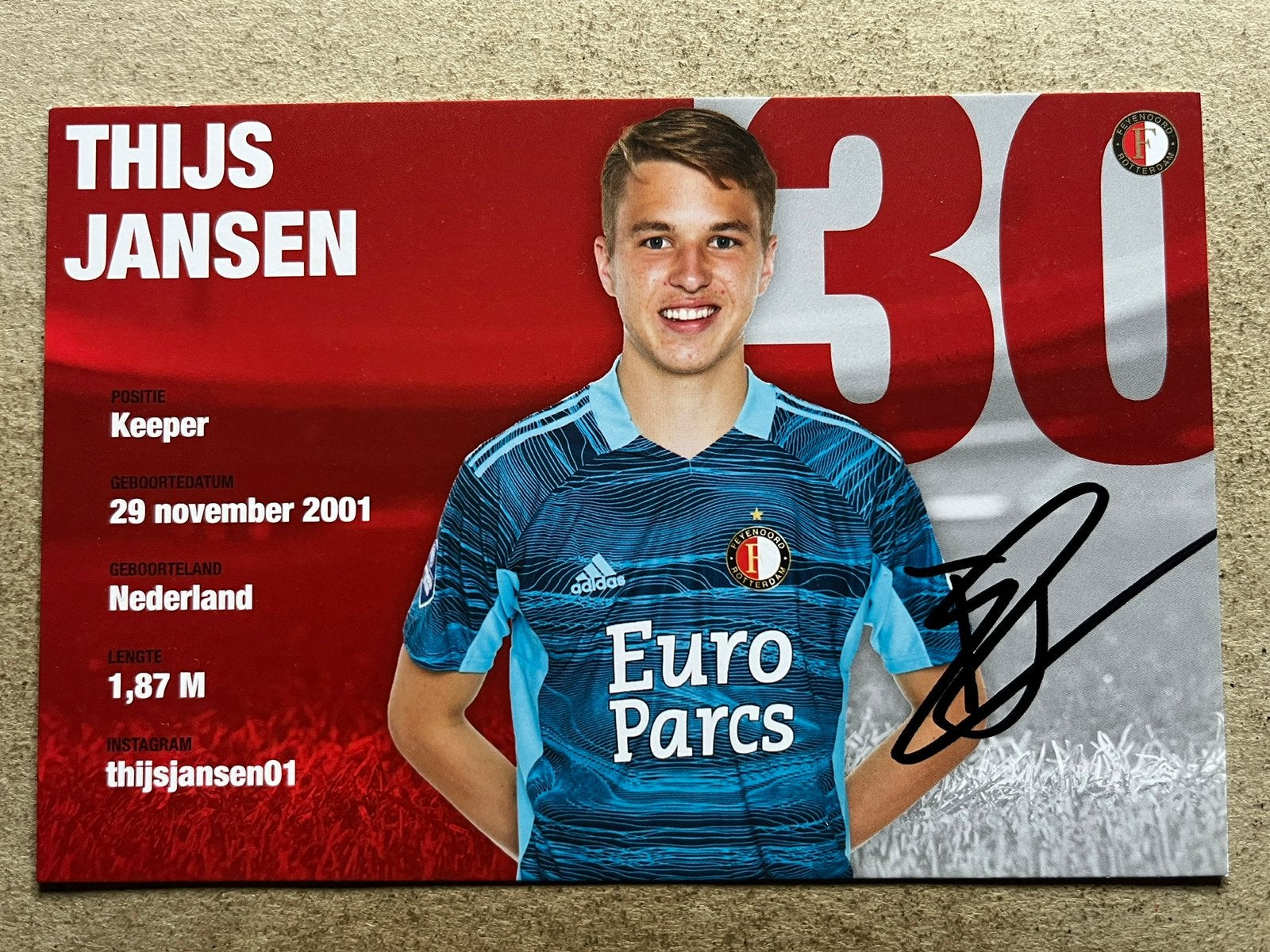 Feyenoord spelerskaart Jansen met handtekening, Verzamelen, Ophalen of Verzenden, Zo goed als nieuw, Feyenoord, Spelerskaart