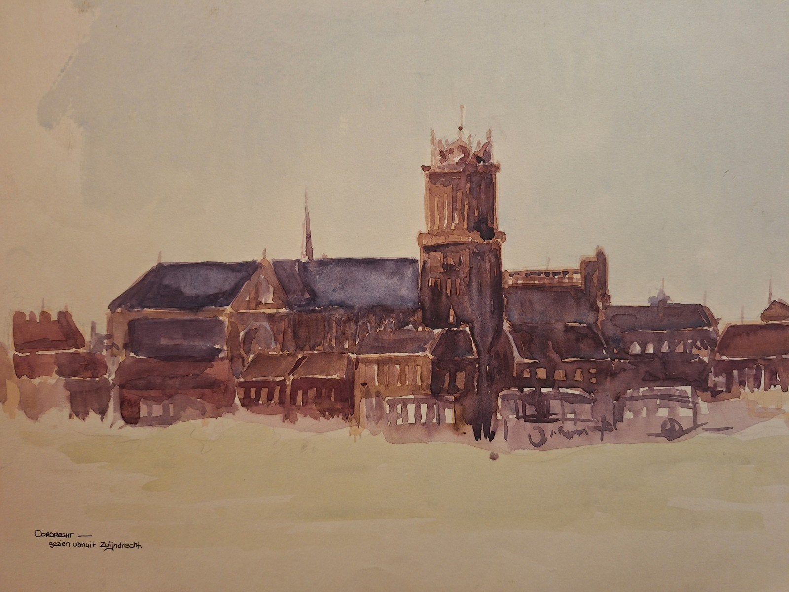 Aquarel Dordrecht gezien vanuit Zwijndrecht, Ophalen of Verzenden