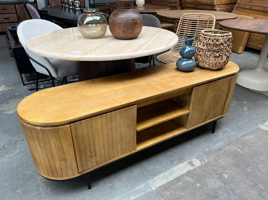 Magazijn Leegverkoop TV meubel retro Remi mangohout ribbel, Ophalen, Hout, Nieuw, Info@wkhome.nl
