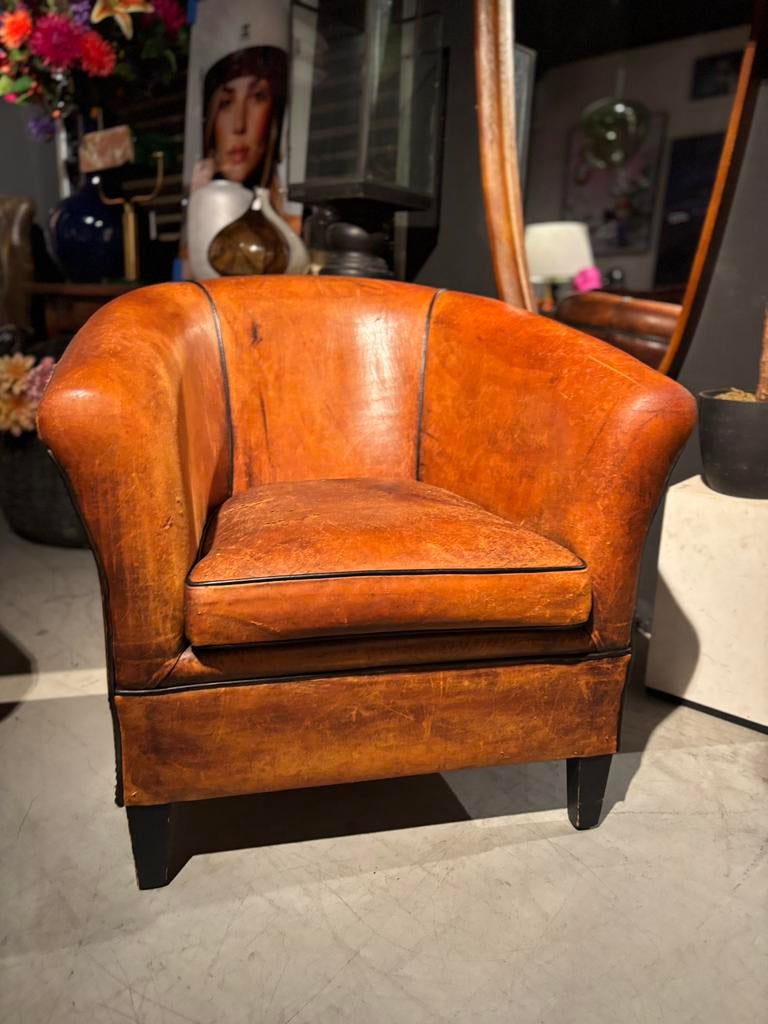 Schapenleren Clubfauteuil Lounge Atelier Vintage, Huis en Inrichting, Fauteuils, Gebruikt, Leer, 75 tot 100 cm, Ophalen of Verzenden