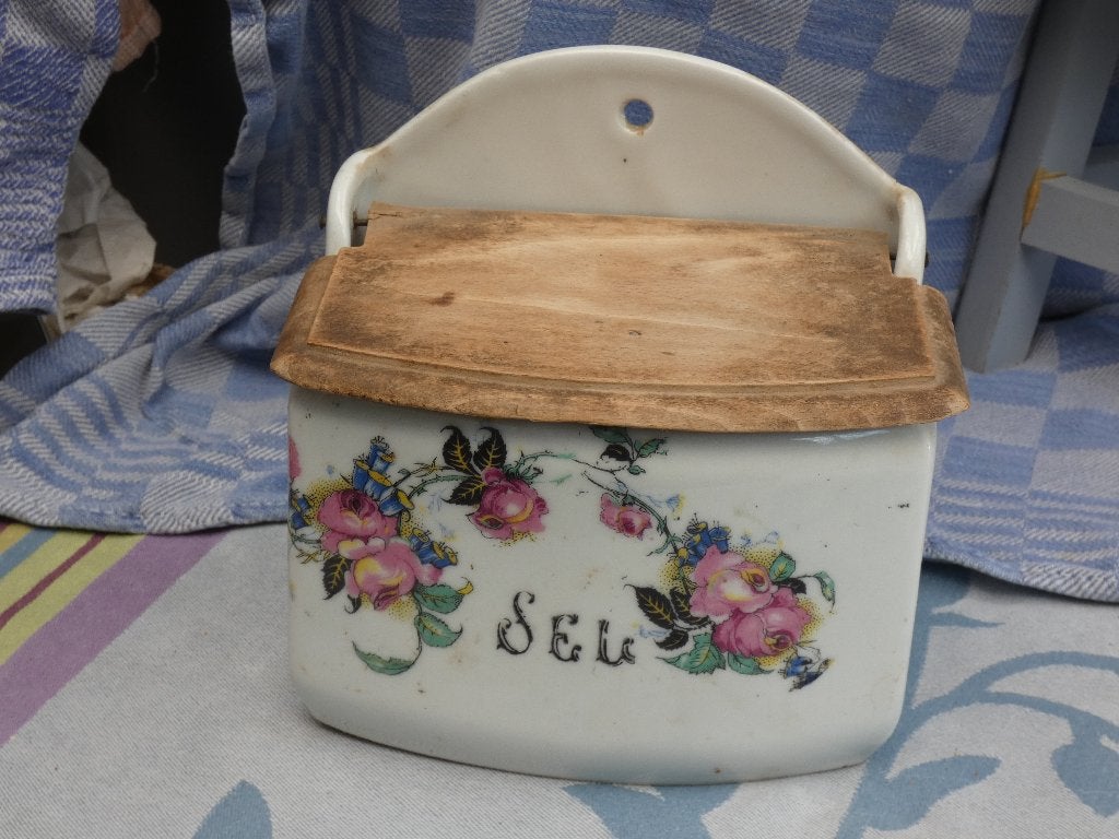 oude zoutbak/ zoutpot porselein/ keukenpot met schepje, Ophalen of Verzenden