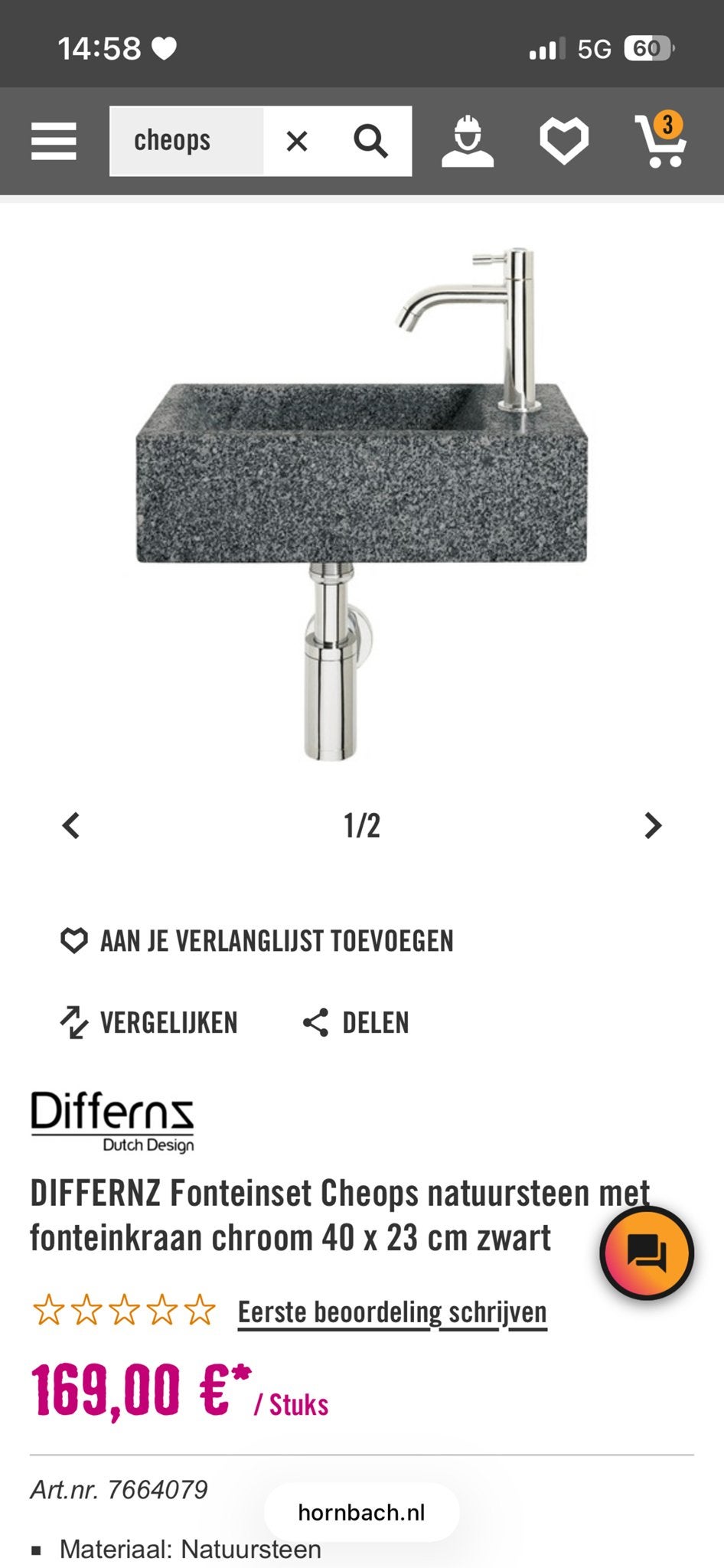Differnz Cheops fonteinset natuursteen met kraan chroom, Ophalen, Nieuw, Chroom, Wastafel