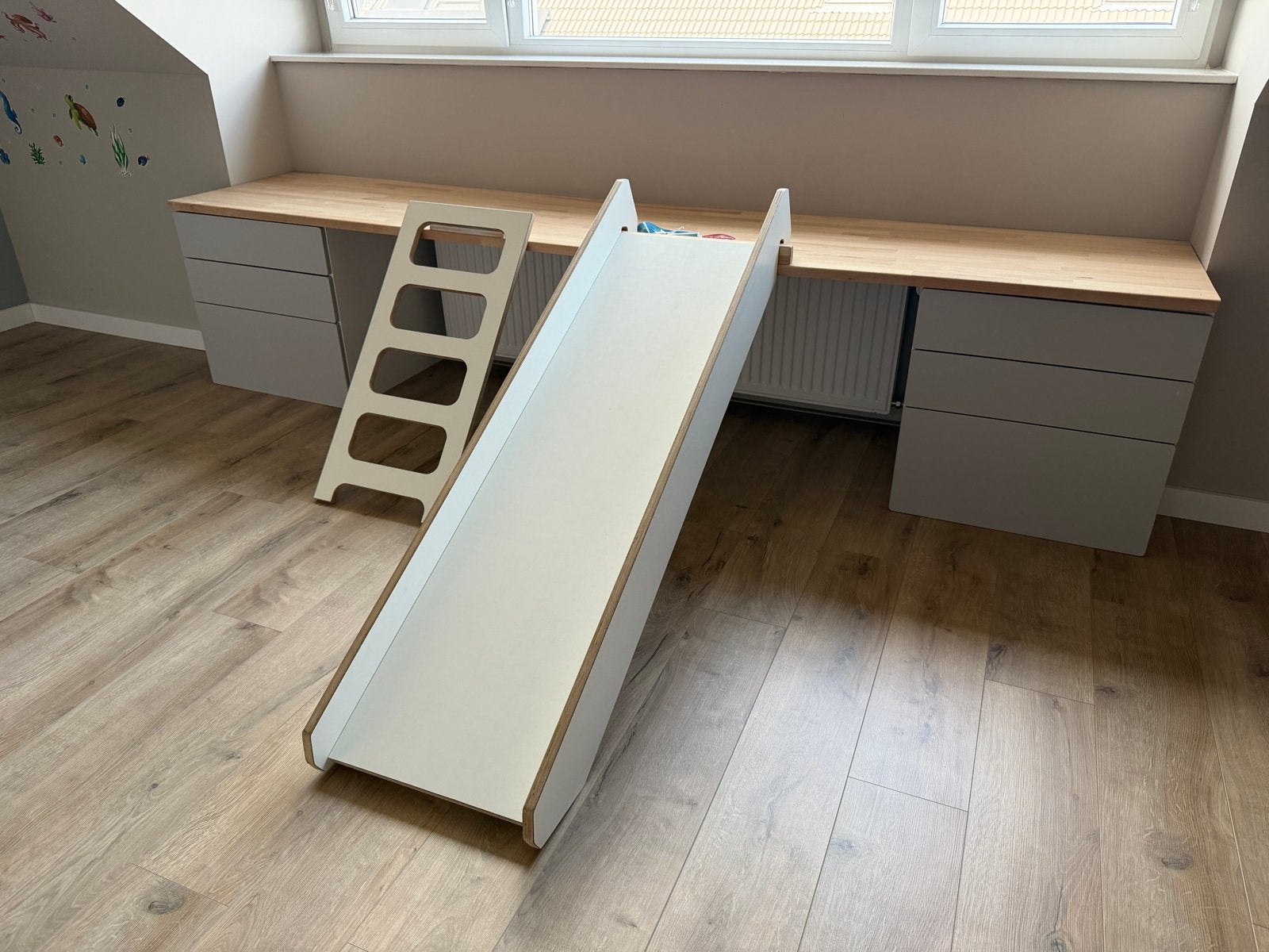 Kinderglijbaan met trapje, bureau en lades voor binnen, Ophalen, 50 tot 70 cm, 105 cm of meer, 100 cm of meer