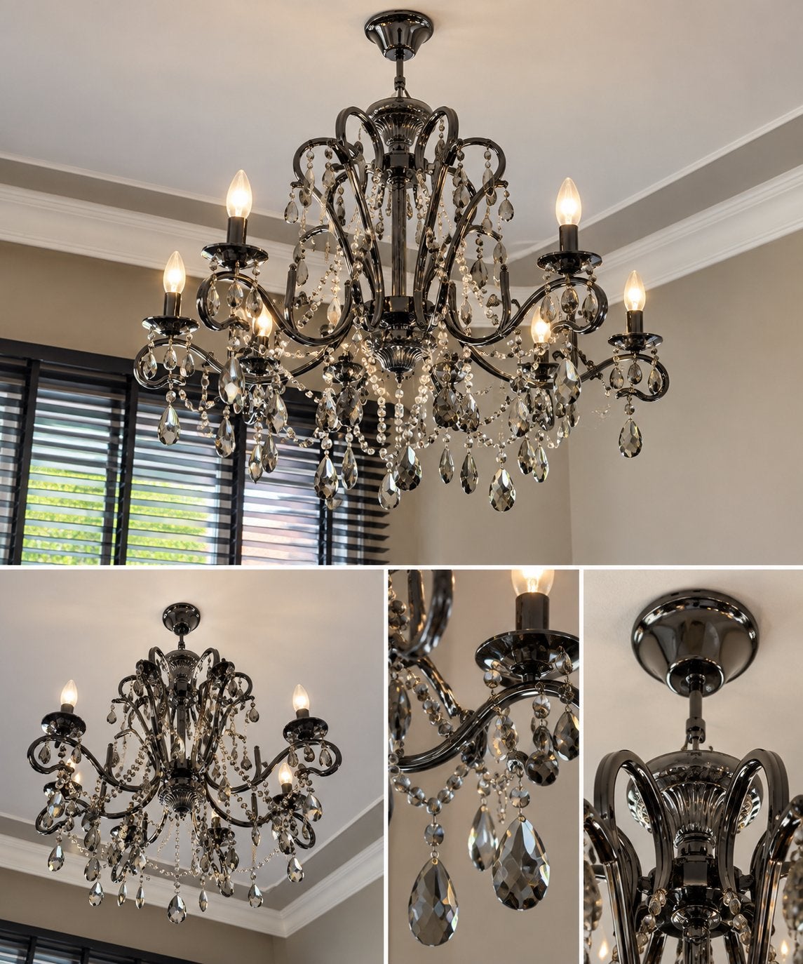 Luxe grijze Kroonluchter met Kristallen Hangers lampen 2, Huis en Inrichting, Ophalen of Verzenden, Zo goed als nieuw, Metaal