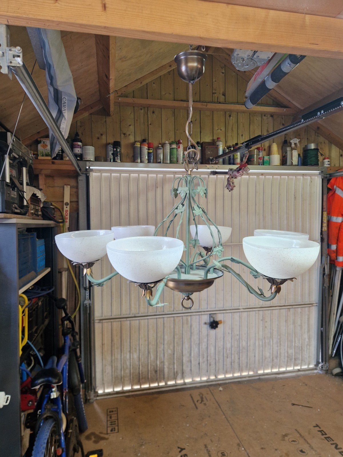 Vintage Kroonluchter met 5 Melkglazen Kappen, Ophalen, Gebruikt, E14 (klein), Vintage, Klassiek