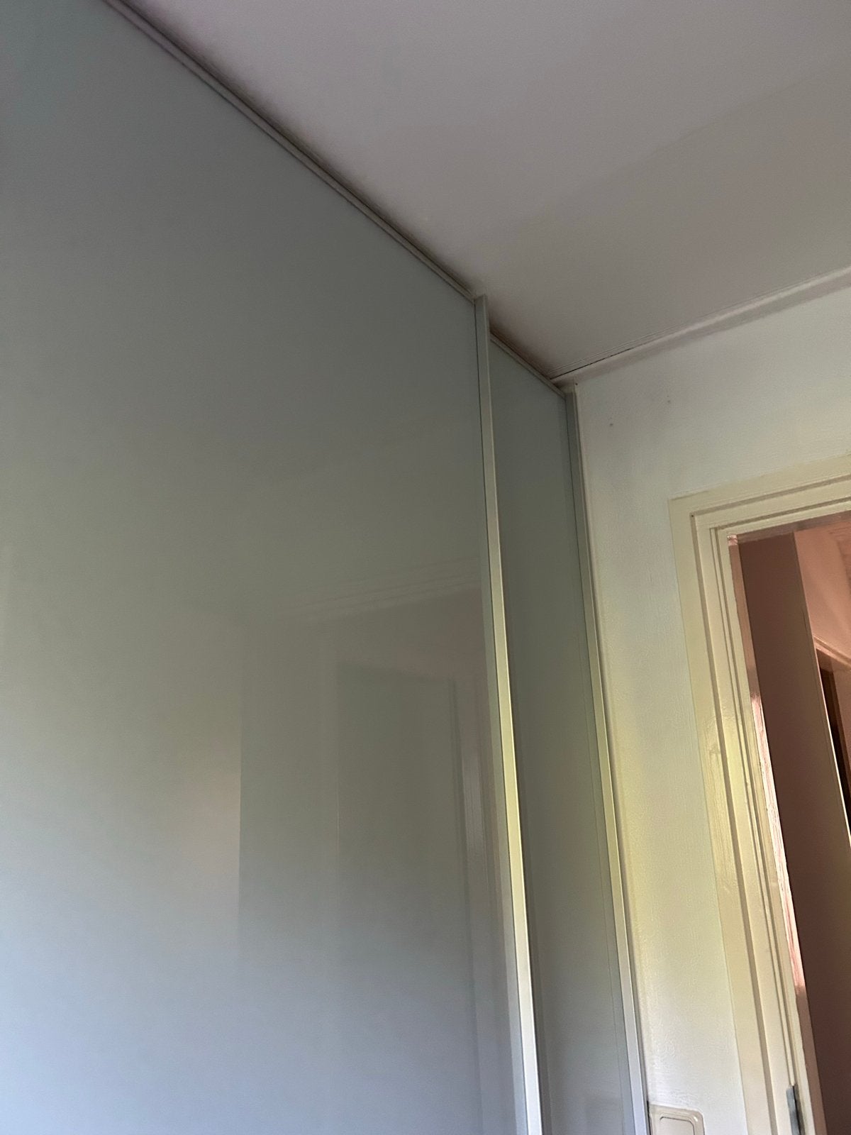 2 grijze melkglazen schuifdeuren met rails en hangbuizen, Ophalen, Gebruikt, 200 cm of meer, Glas