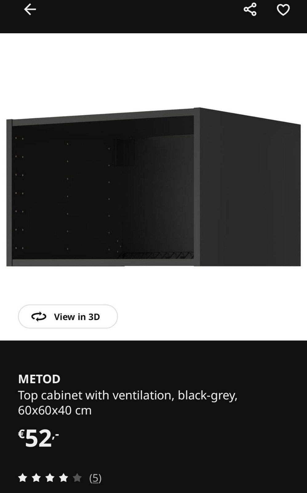 IKEA METOD Bovenkast met ventilatie, zwart-grijs 60x60x40 cm, Ophalen, Nieuw