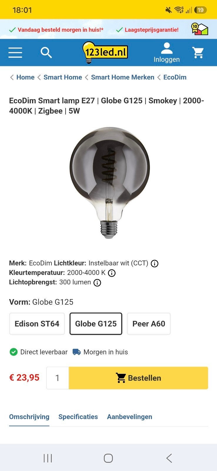 EcoDim Zigbee Filament Globe G125 E27 Smokey, Huis en Inrichting, Lampen | Losse lampen, Ophalen, Led-lamp, E27 (groot), Zo goed als nieuw