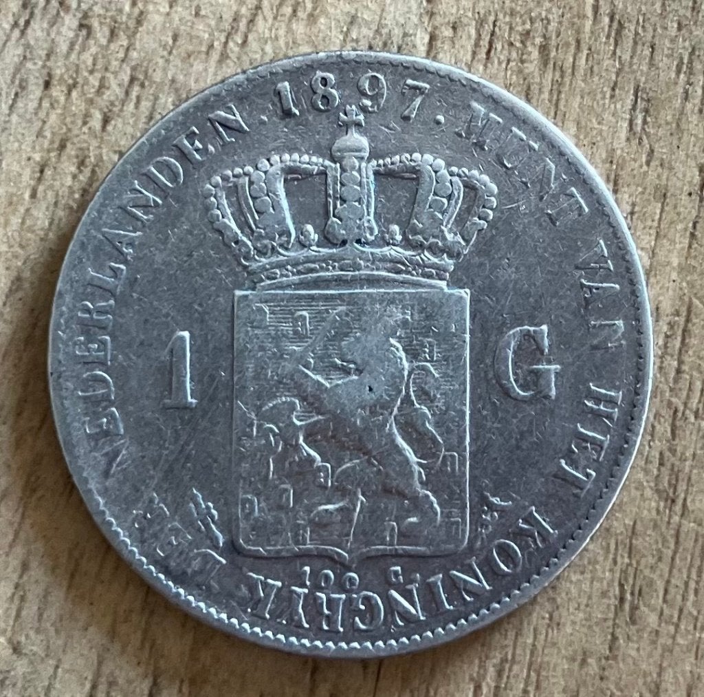 1 gulden 1897 Wilhelmina, Postzegels en Munten, Munten | Nederland, Ophalen, 1 gulden, Zilver, Koningin Wilhelmina