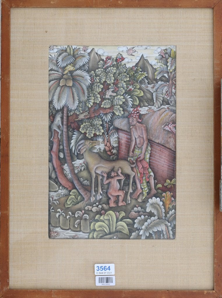 Antiek Indonesische Balinees schilderij Batuan-stijl, Antiek en Kunst, Ophalen, Achter glas, Papier
