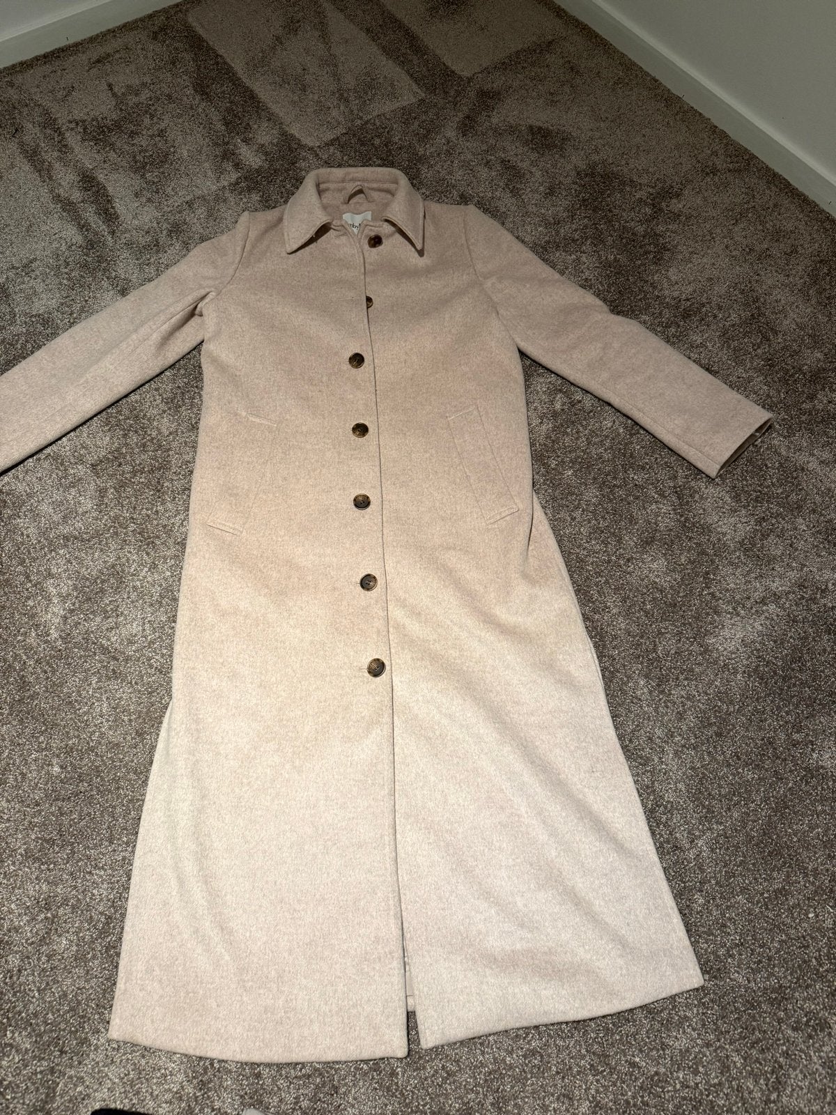 MbyM lange wollen jas in beige - Maat XS, Ophalen of Verzenden, Zo goed als nieuw, Maat 34 (XS) of kleiner, Beige