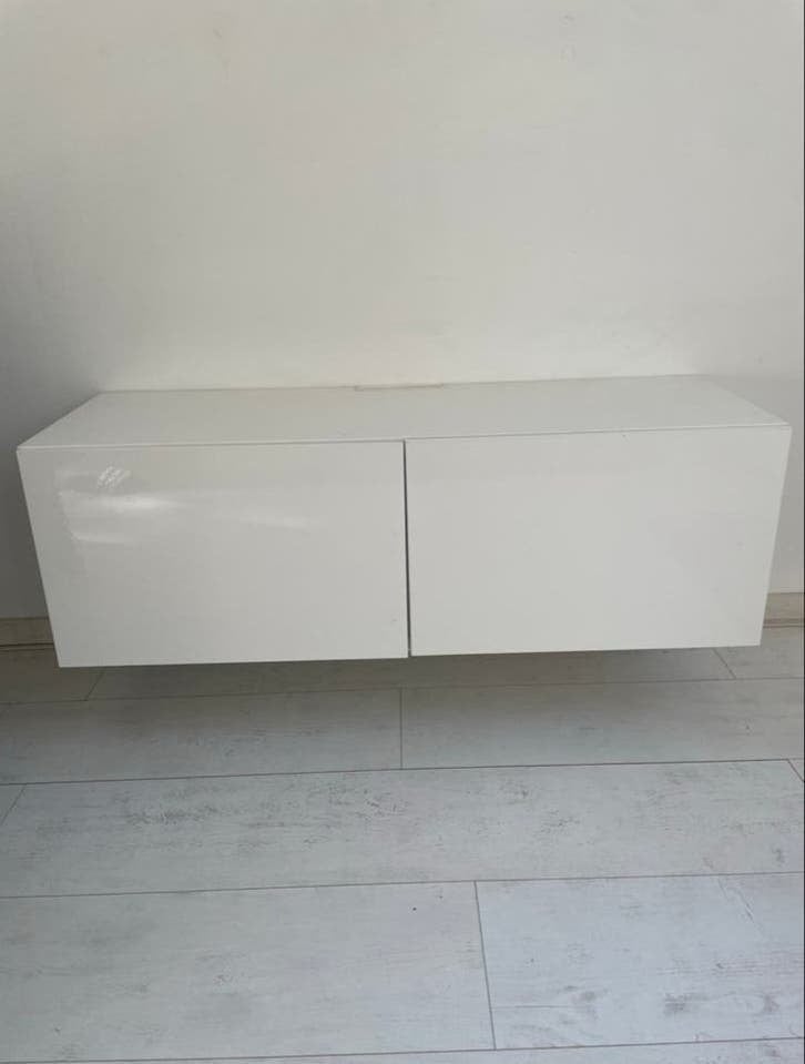 Ikea Besta zwevend tv-meubel wit hoogglans, Ophalen, Kunststof, Gebruikt, 100 tot 150 cm