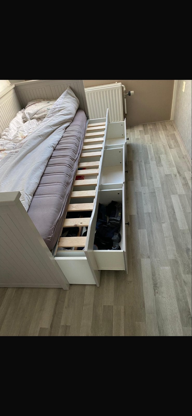 Eenpersoonsbed met lades en uitschuifbaar bed, incl. matras, Ophalen, Gebruikt, Eenpersoons, Wit