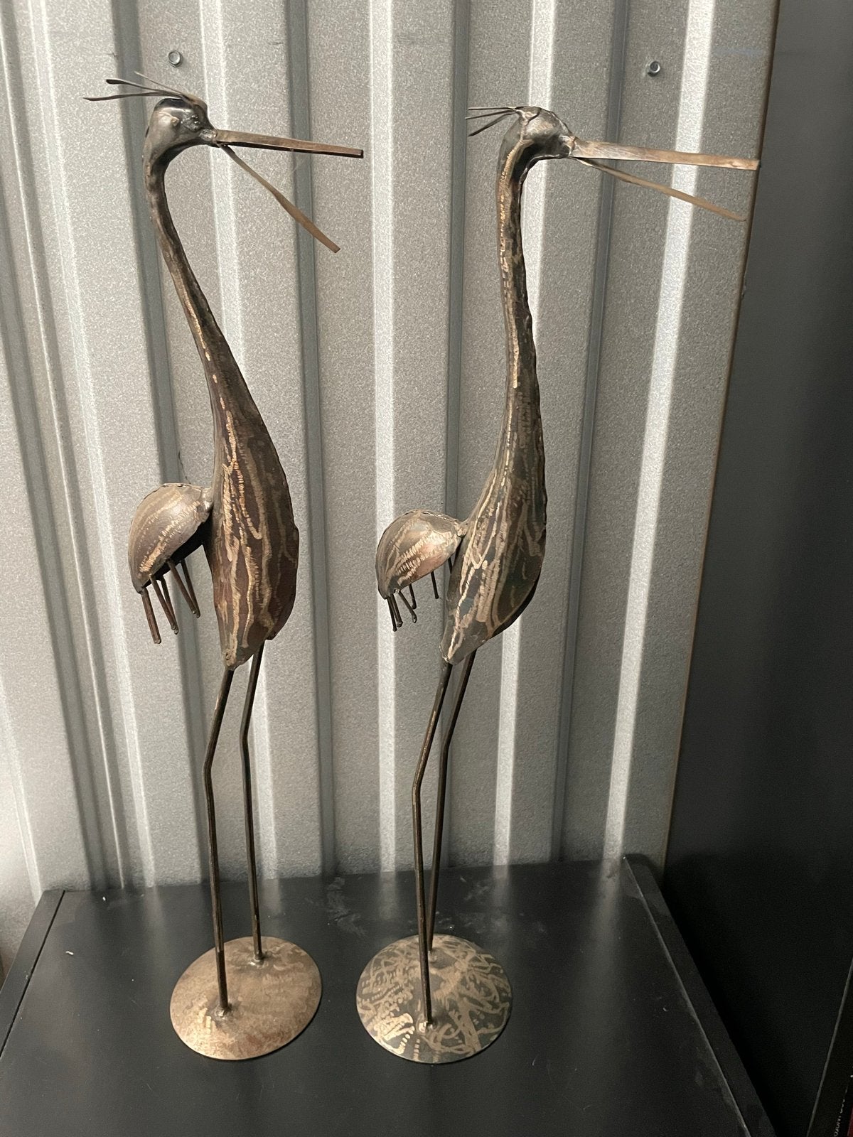 Set van 2 metalen reiger beelden, Handgemaakt, Beeld, Bruin, Metaal