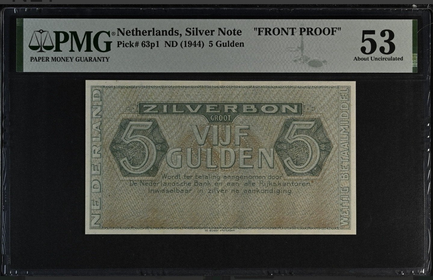 5 Gulden Zilverbon 1944 FRONT PROOF PMG 53 – pick #63P1, Postzegels en Munten, Ophalen of Verzenden, 5 gulden, Los biljet