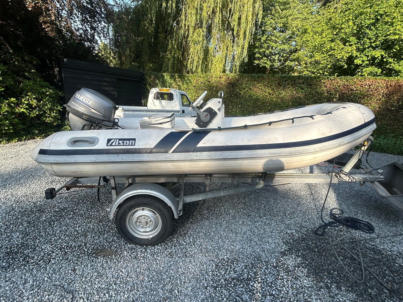 Rubberboot met polyester bodem, trailer en 15 pk Yamaha, Watersport en Boten, Yamaha, Ophalen, Polyester/glasvezel, Gebruikt