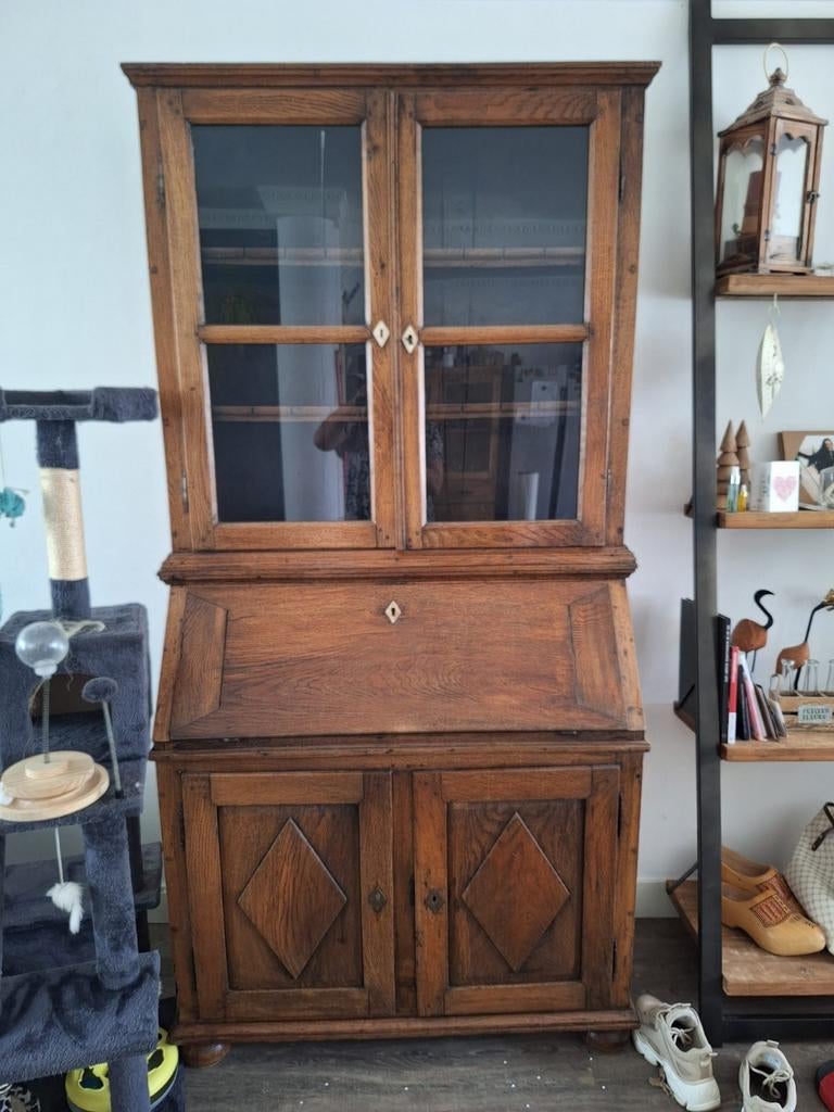 Antiek eiken secretaire met vitrinekast, Ophalen of Verzenden