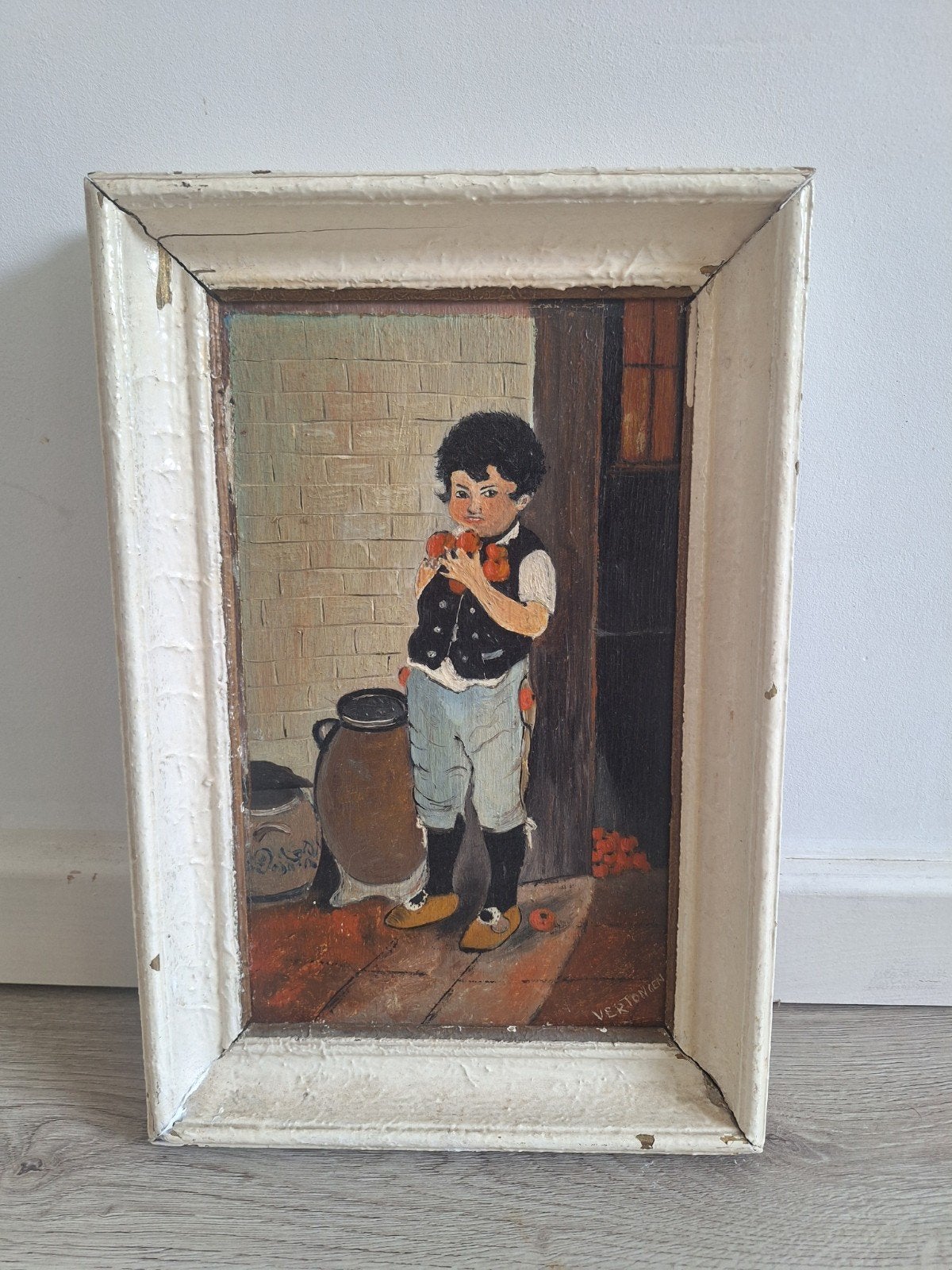 Antiek Schilderij Jongen met Appels, ca. 1880, Paneel, Portret of Personen, Ophalen of Verzenden, Olieverf