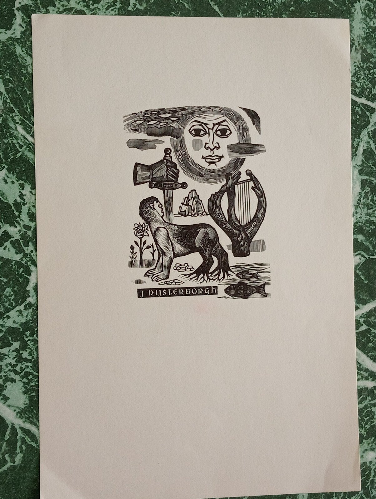 Ex Libris Houtsnede litho J.Rijsterborch, Ophalen of Verzenden