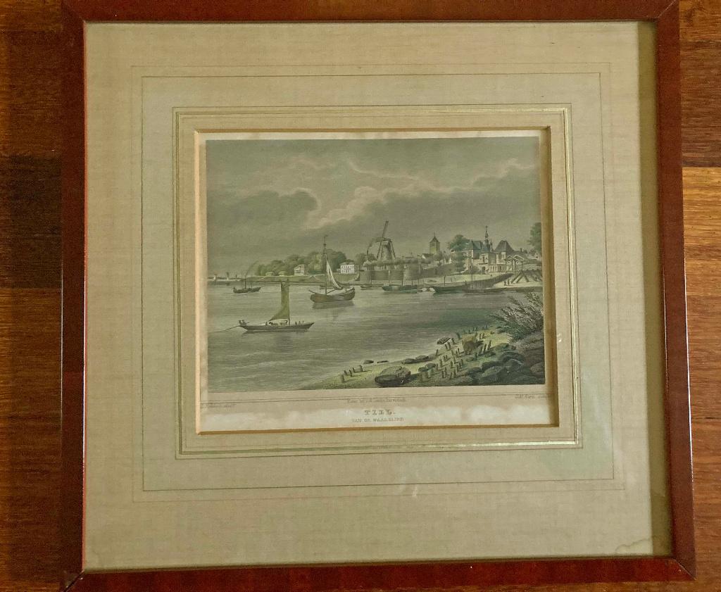 Kleine staalgravure Tiel van de Waalzijde naar G.M. Kurz, Ophalen of Verzenden, Stadsgezicht, Gravure