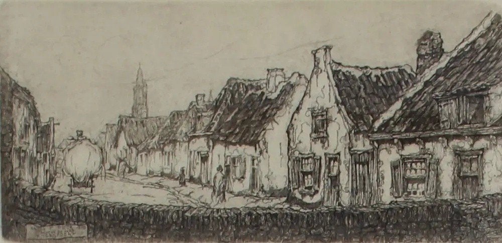anton pieck , ingelijste ets: Achter de Kamp, Amersfoort, Antiek en Kunst, Kunst | Etsen en Gravures, 10 cm, Stadsgezicht, 20 cm