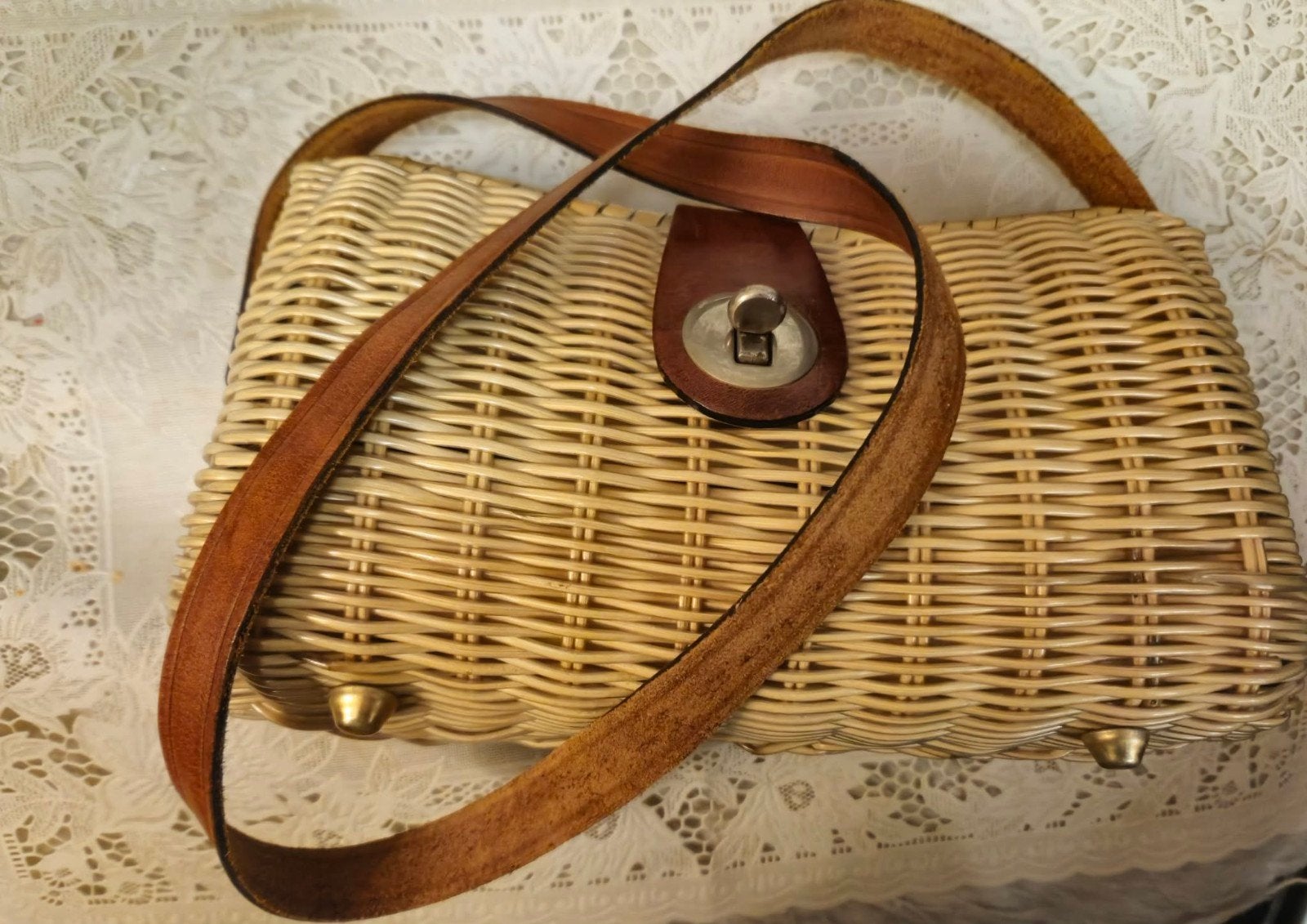 Vintage Rieten Handtas met Leren Details, Ophalen of Verzenden