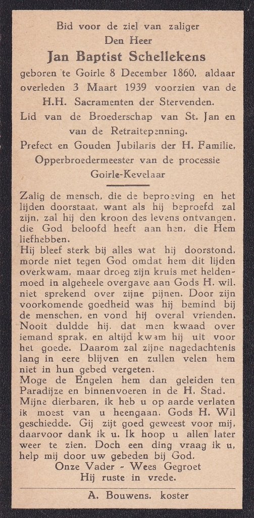 Schellekens Jan 1860 Goirle 1939, Ophalen of Verzenden, Bidprentje