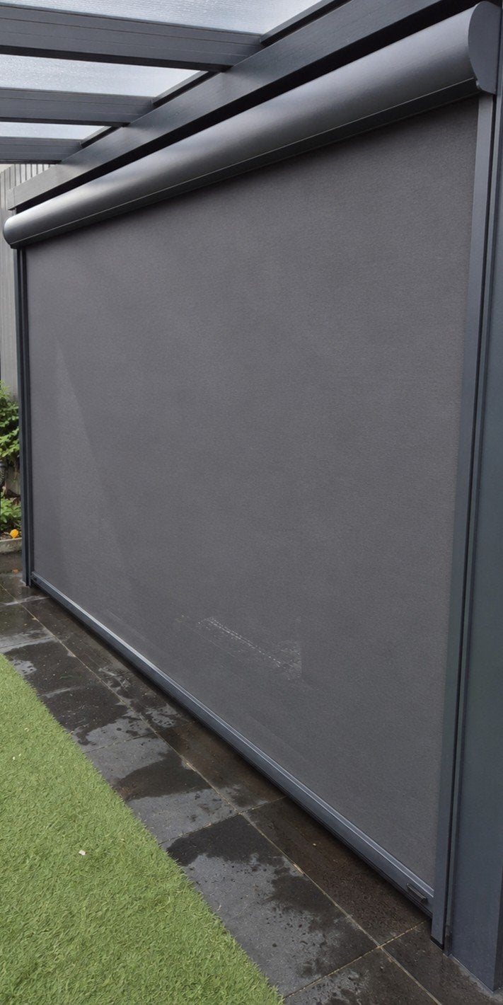 Elektrisch zonnescherm antraciet - 385 cm breed, goede staat, Ophalen, Elektrisch, Zo goed als nieuw, 250 cm tot 450 cm