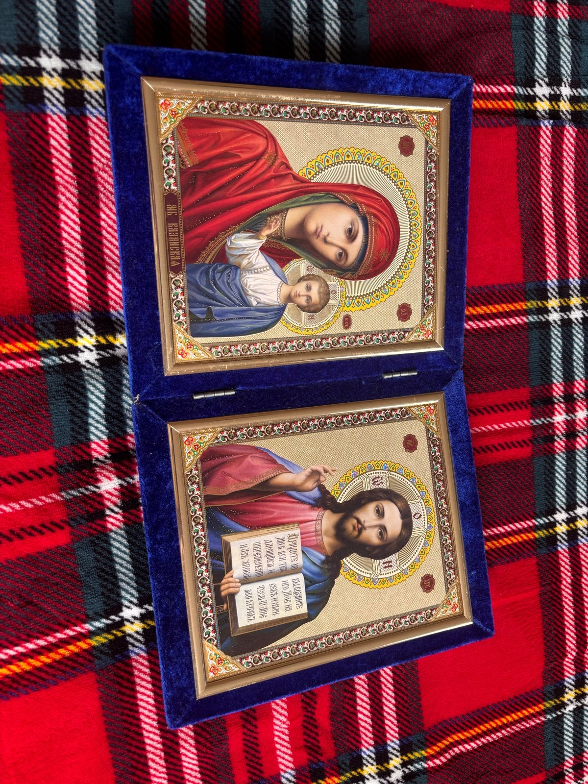 Russisch-orthodoxe icoon Maria en Jezus in fluwelen doos, Antiek en Kunst, Ophalen of Verzenden