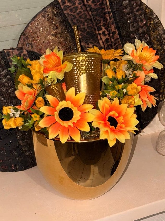 Gift cadeau set starbucks beker met bloemen gouden pot new, Ophalen of Verzenden, Nieuw
