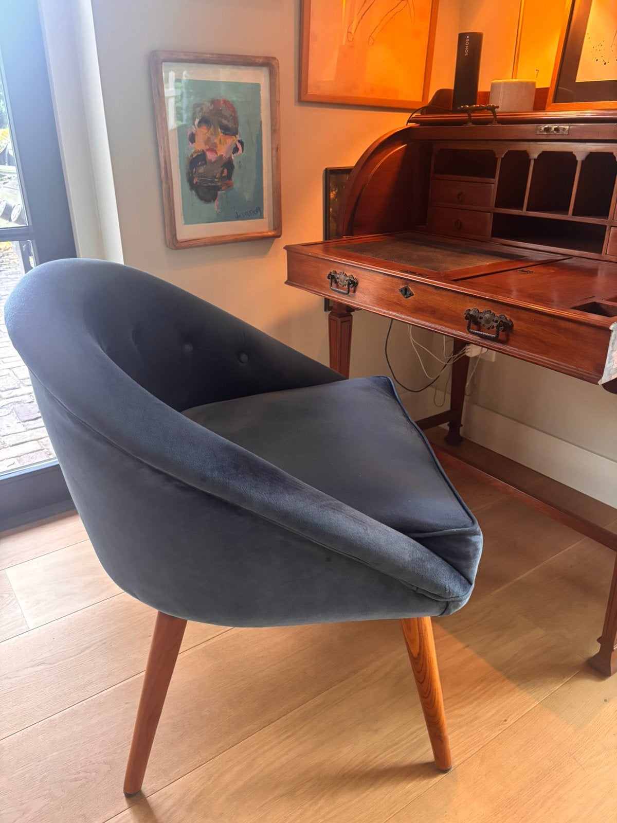 Blauwe fauteuil velvet, Huis en Inrichting, Fauteuils, Ophalen, Zo goed als nieuw, 75 tot 100 cm, 50 tot 75 cm