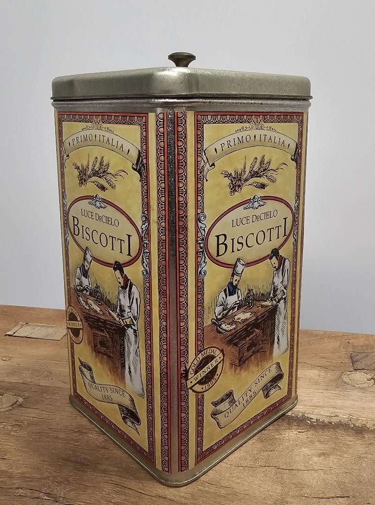 OUD BROCANT "LUCE DeCIELO" BISCOTTI BLIK, Gebruikt, Ophalen of Verzenden, Voorraadpot, Metaal