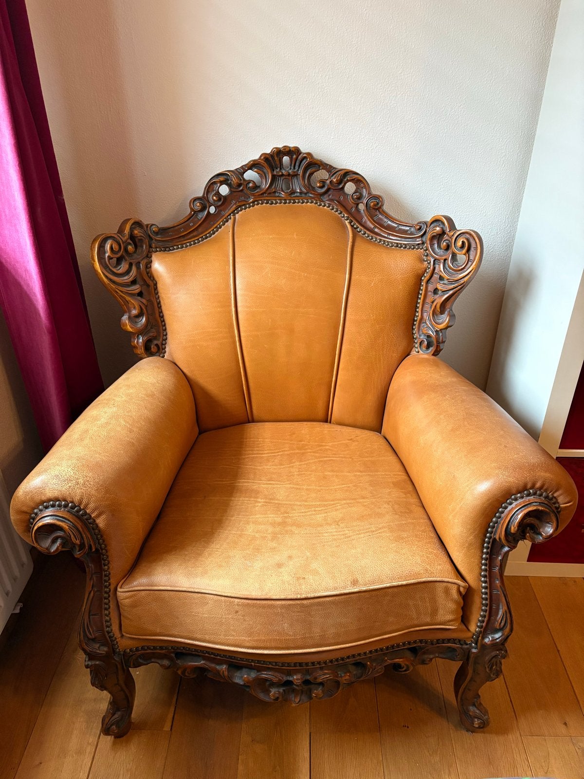 Vintage Leren Barok Fauteuil, Ophalen, Gebruikt, Hout, 75 tot 100 cm