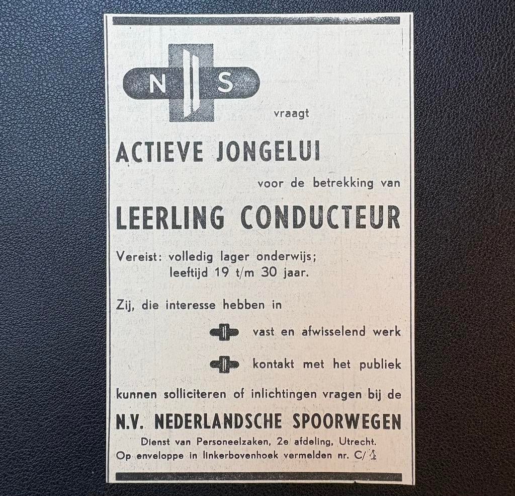 Oude vacature NS ‘Leerling conducteur’ (1959), Verzamelen, Spoorwegen en Tramwegen, Ophalen of Verzenden, Gebruikt, Trein
