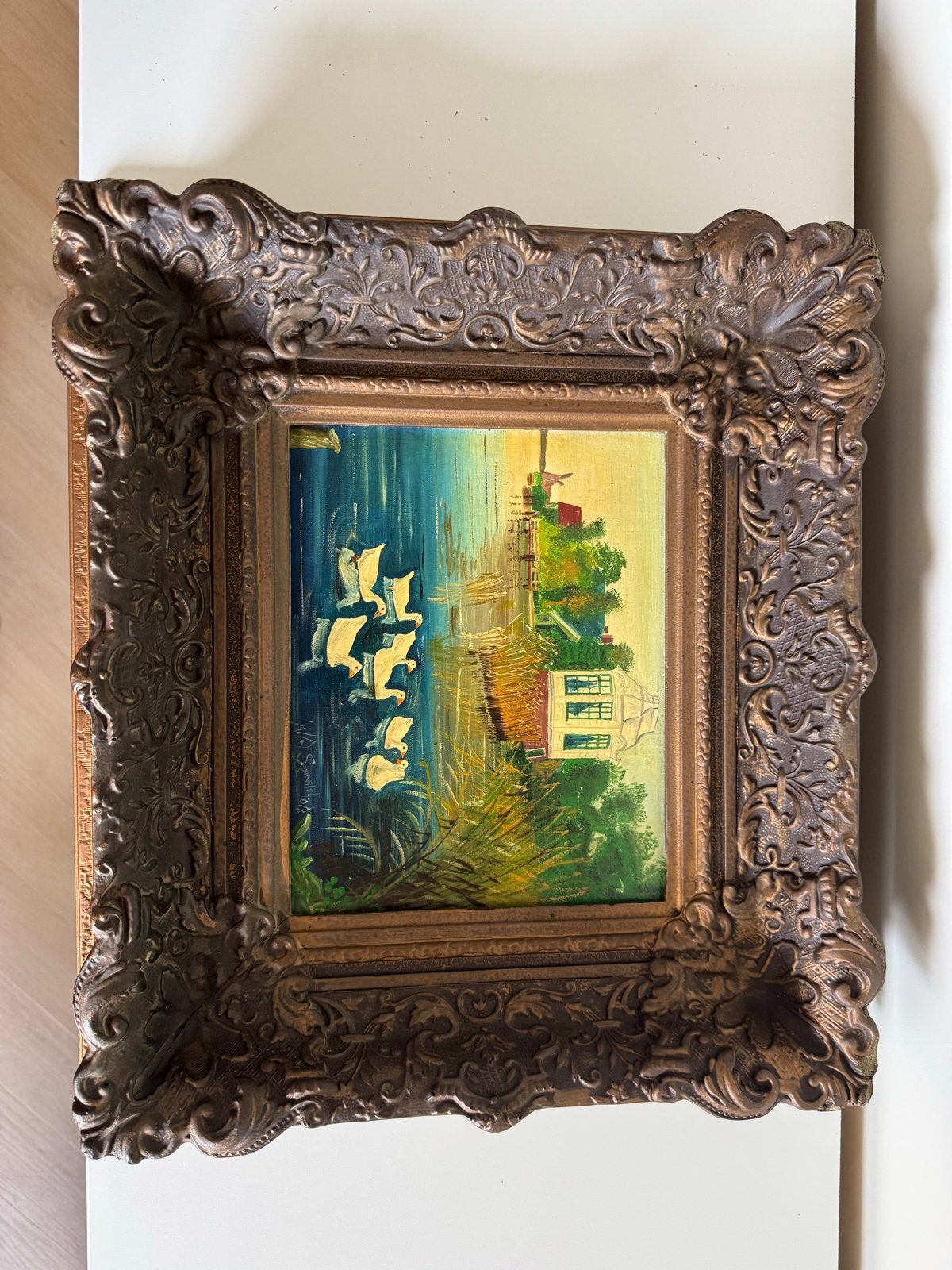 Schilderij Ganzen bij water met huisje, Ophalen, Doek, Dieren, Gesigneerd