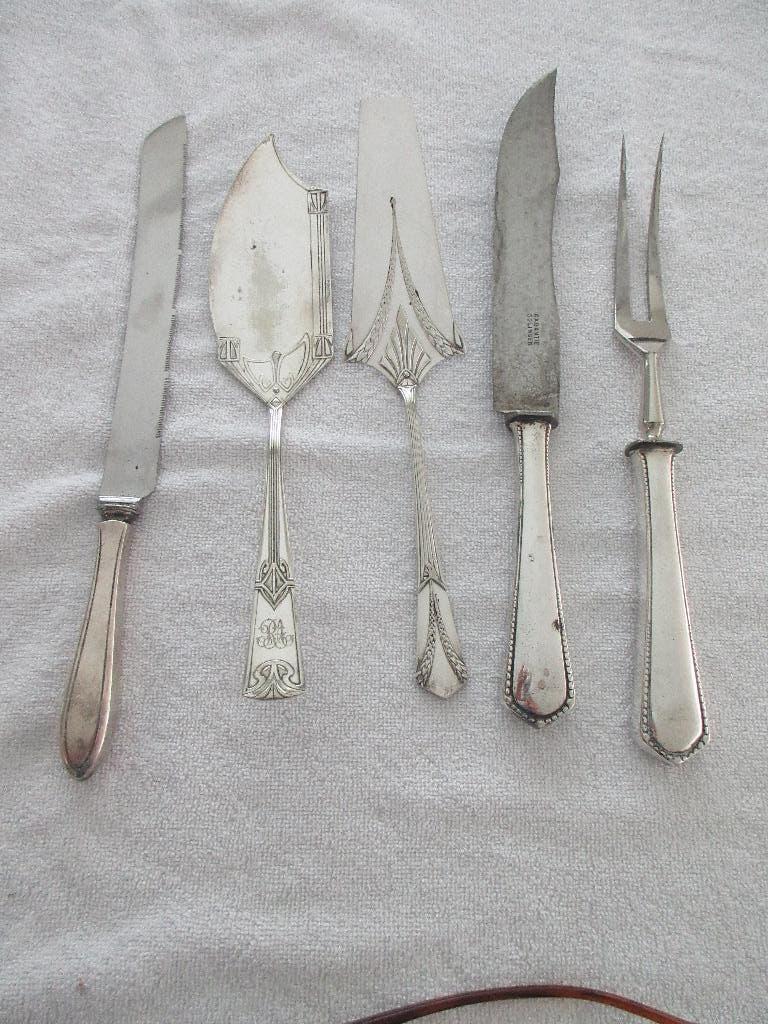 5 verzilverde items w.o. art-deco taartschep en visschep., Antiek en Kunst, Ophalen of Verzenden