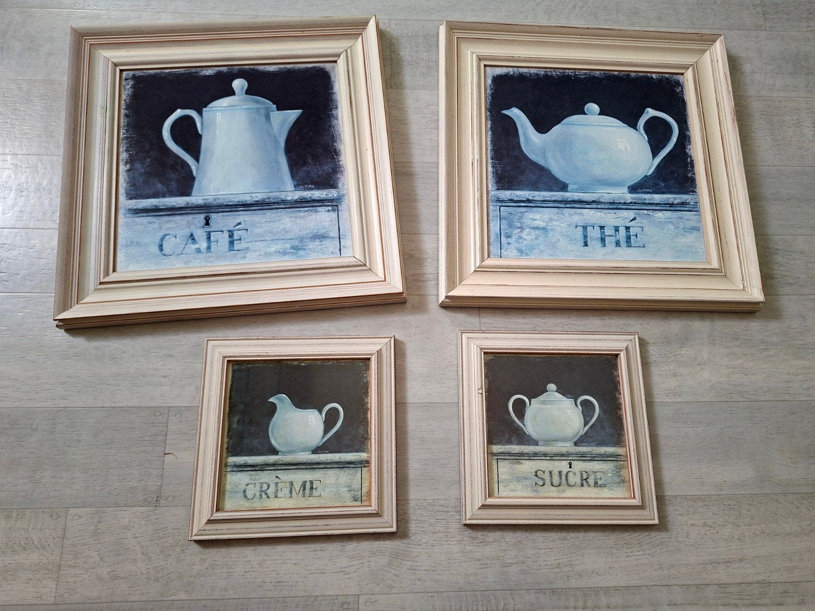Set van 4 schilderijtjes: Café, Thé, Crème, Sucre, Ophalen of Verzenden