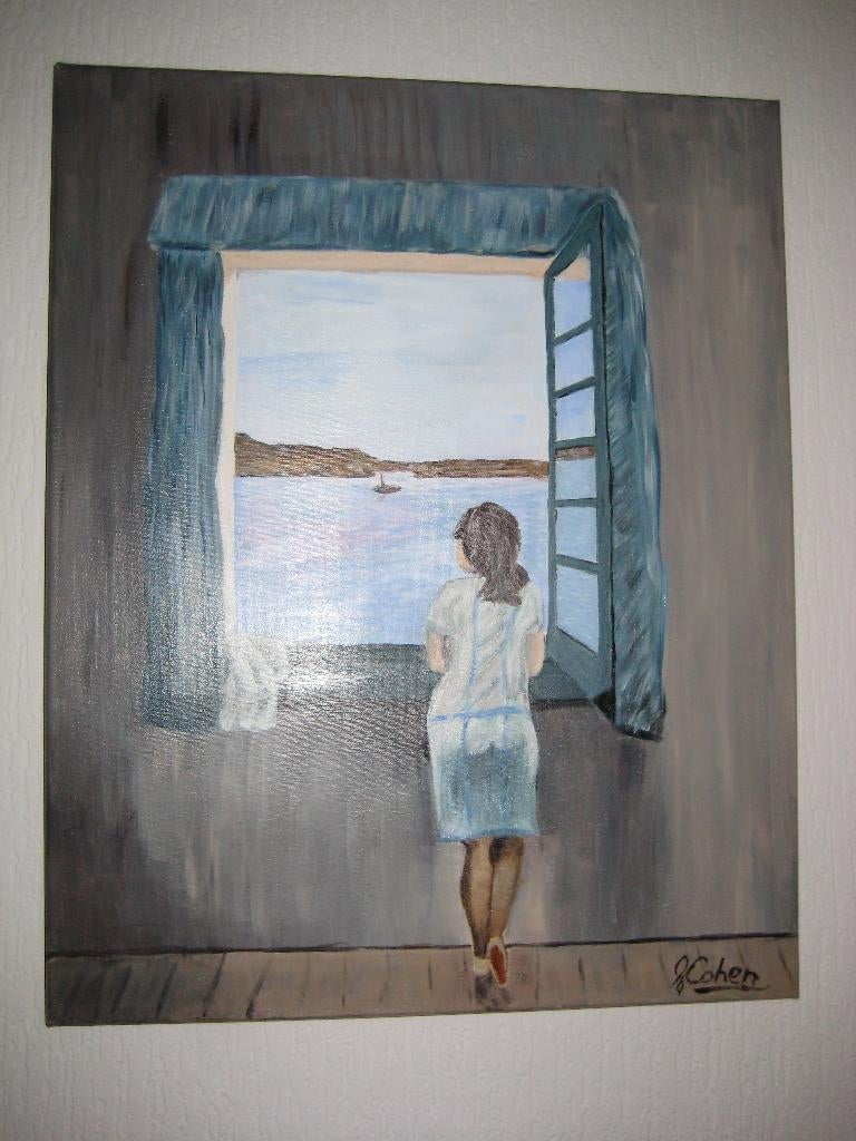 Schilderij: Vrouw uit het raam, Antiek en Kunst, Ophalen
