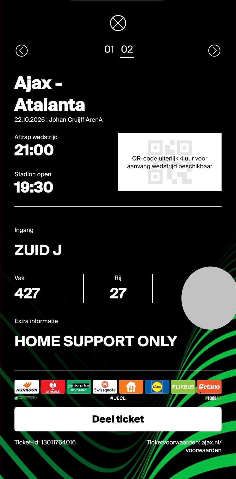 Ajax- Atalanta ticket boven de F- Side, Tickets en Kaartjes